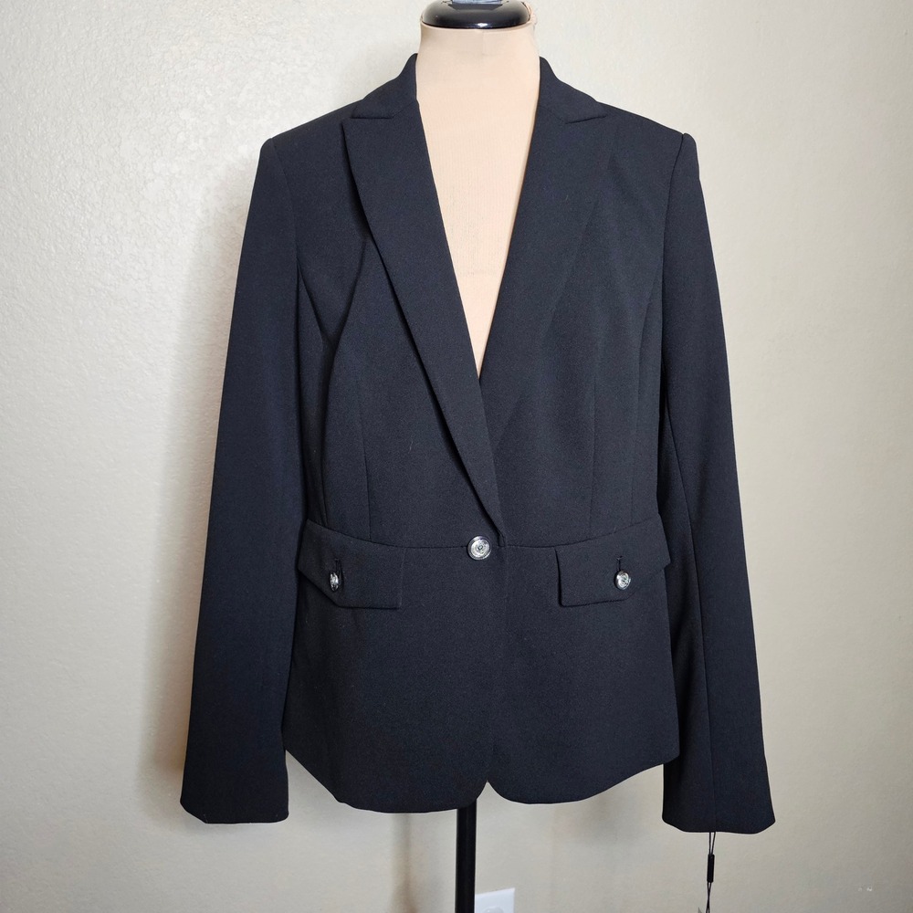 NWT Calvin Klein‎ Womens Black Matte Crepe Single Button Blazer Size 10